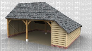 A 2 bay oak frame garage with one open wall at the front as well as an aisle on the right. and another at the rear. this building has a gable ended roof on the left and a full hip on the right.