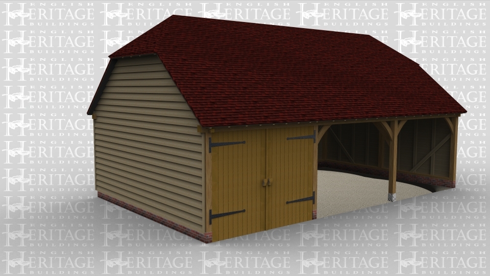 A three bay oak framed garage with one bay enclosed with an internal partition separating it from the other bays and a garage door on the front, the other two bays have an open end at the front .