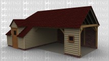 A 3 bay oak framed building made up of 2 frames, the first frame accounts for 1 of the bays with an internal aisle on the right hand side with a dormer containing a half glazed single door coming out of it. The main span of the rear is open with weatherboard in the gable end and a single window. The second frame makes up the other 2 bays, the front is mostly open with some weatherboarding and left open at the right to allow it to attach to an existing building.