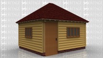 A 2 bay oak frame building with a solid single door and a 4 light window at the front and a three light window on the left.