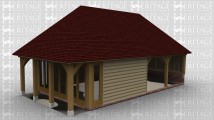 A 4 bay oak framed building with the left wall set back to create a walkway along with a section of full height glazing along the entire wall along with a single pane on both the front and rear. 2 of the bays on the front wall are left open at the front while the others are weatherboarded.