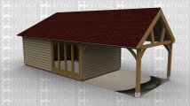 A 4 bay oak framed building with a mullion window on the left hand side while  at the front there is a section of full height glazing to allow plenty of light into the building as well as 2 of the bays being open on all sides. At the rear of the building is a solid single door.