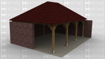 A 3 bay oak framed building with the left right and rear wall being solid brick walls while the front is left open.
