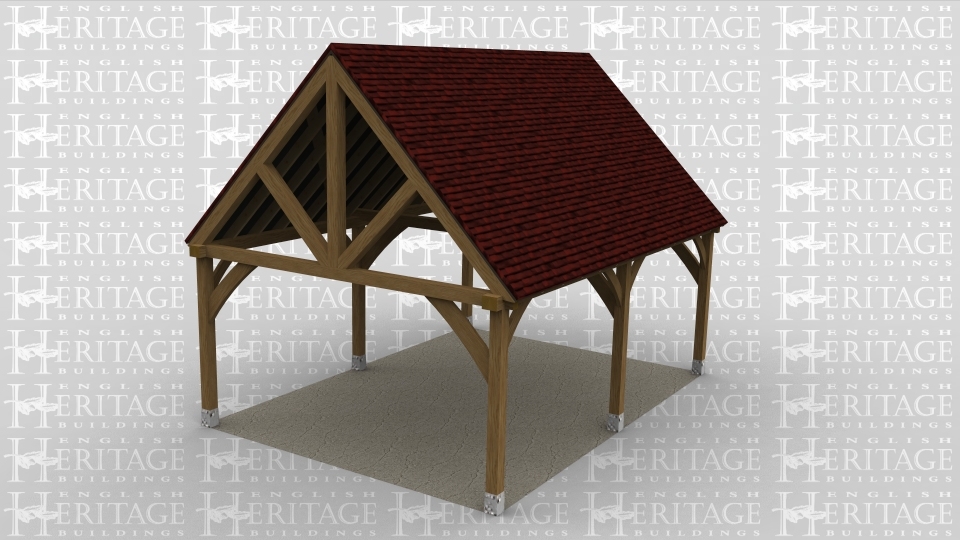 A 2 bay oak framed building open on all sides with a gable roof both ends.
