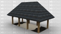 A 3 bay oak framed building with a thatch roof and is open on all sides.
