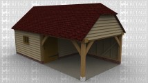 A 2 bay oak framed building with a mullion window at the front and a partition between the two bays on which there is a solid single door. The right bay is left open on the front and right.