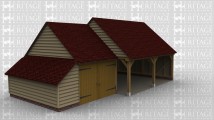 A 3 bay oak framed garage made up of 2 frames. The first frame is a sinlge bay in size with an internal aisle on the left and a pair of garage doors at the front and attaches on the right hand side to the other frame. The second frame accounts for the other 2 bays open at the front with  with the left wall partially open.