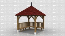 Square gazebo with 2 sides of oak balustrading. Roof has clay tiles with a leaded finial.